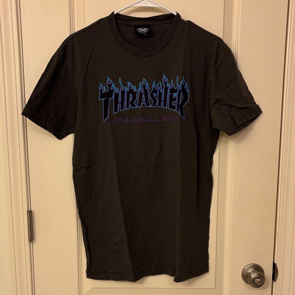 Thrasher Dark Gray Tee with Blue Flame Logo